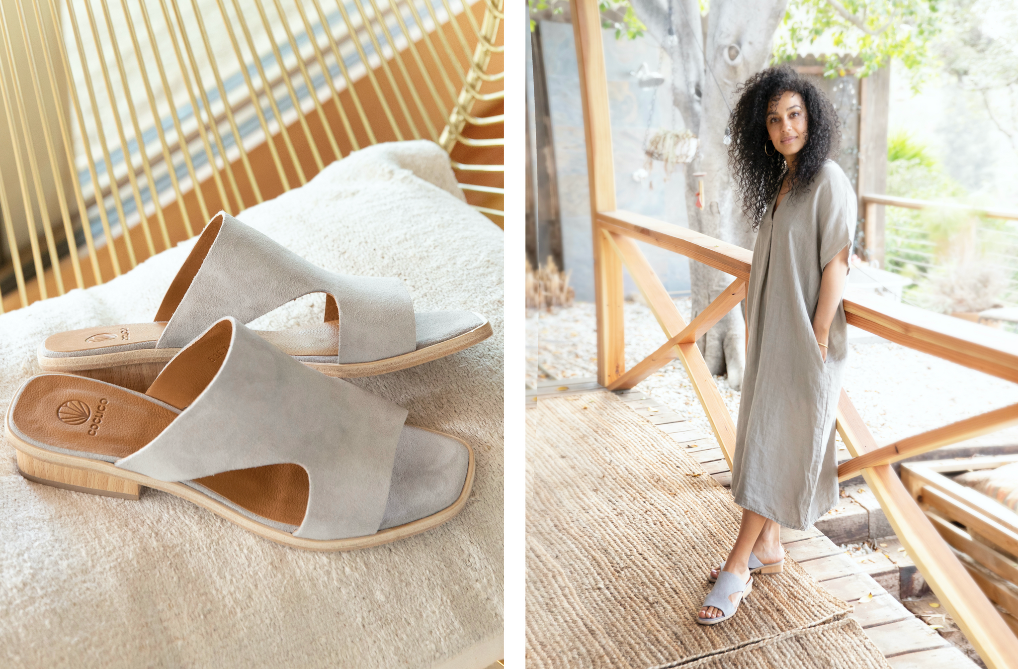 Two side-by-side images. (1) Sunlit close up of the Coclico Kamille Sandal in Tortora suede. (2) Maggi Simpkins leaning on a wooden railing sporting the Kamille sandals. 