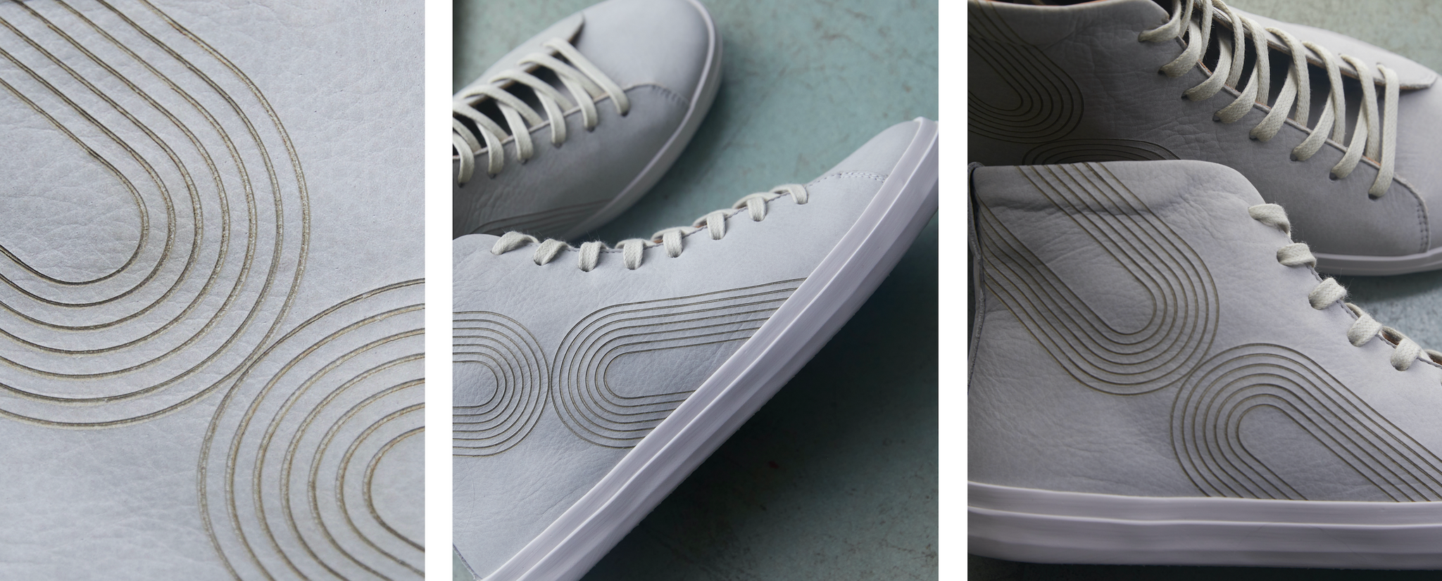 Three side-by-side images. (1) Close up of the laser embossed infinity arches on Perla nubuck. (2) The Oopsy High-top Sneaker in Perla leather. (3) Close up side view of the signature laser-embossed infinity arches on the Oopsy Sneaker. 