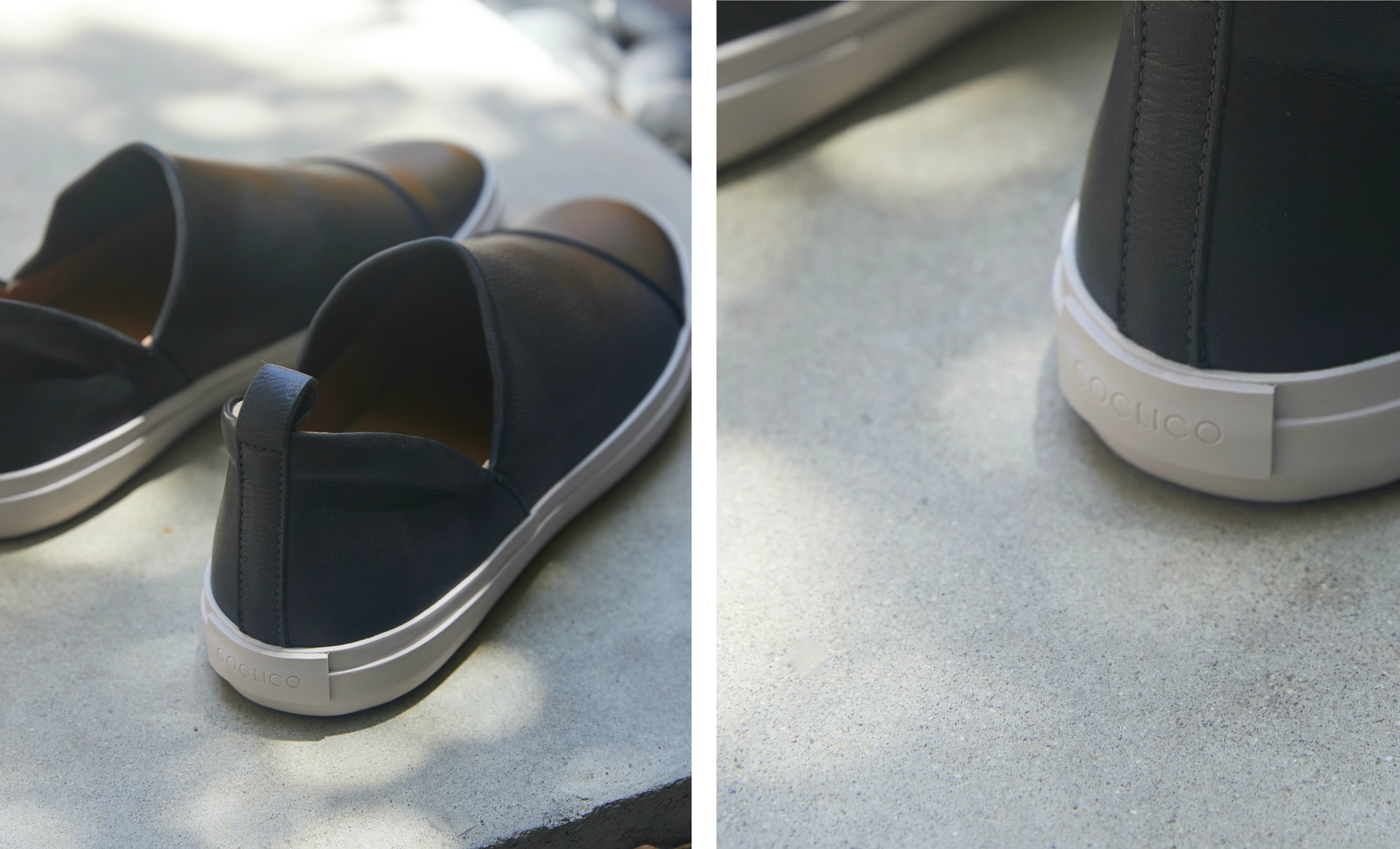 Two side-by-side images. (1) The Oro Slip-on Sneaker in Deep Sea leather. (2) Close up of the rubber sole with the Coclico logo stamped on.   