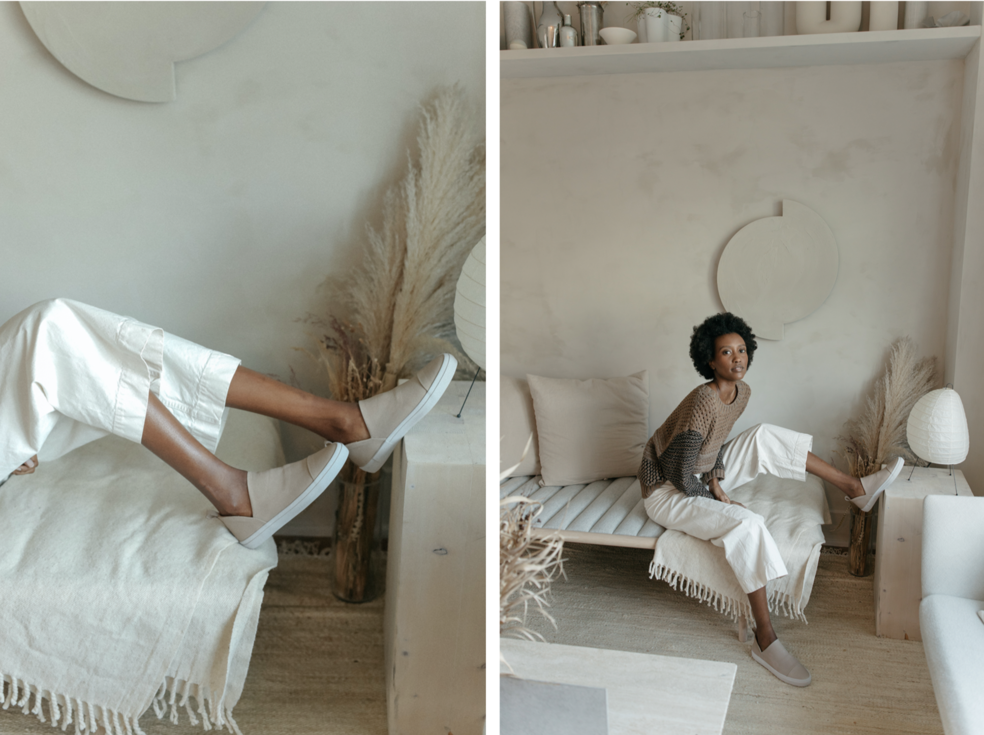 Two side-by-side images. (1) Knee-down shot of the Oro Sneaker in Marmo leather. (2) Model seated on a daybed with leg perched on wood side table.