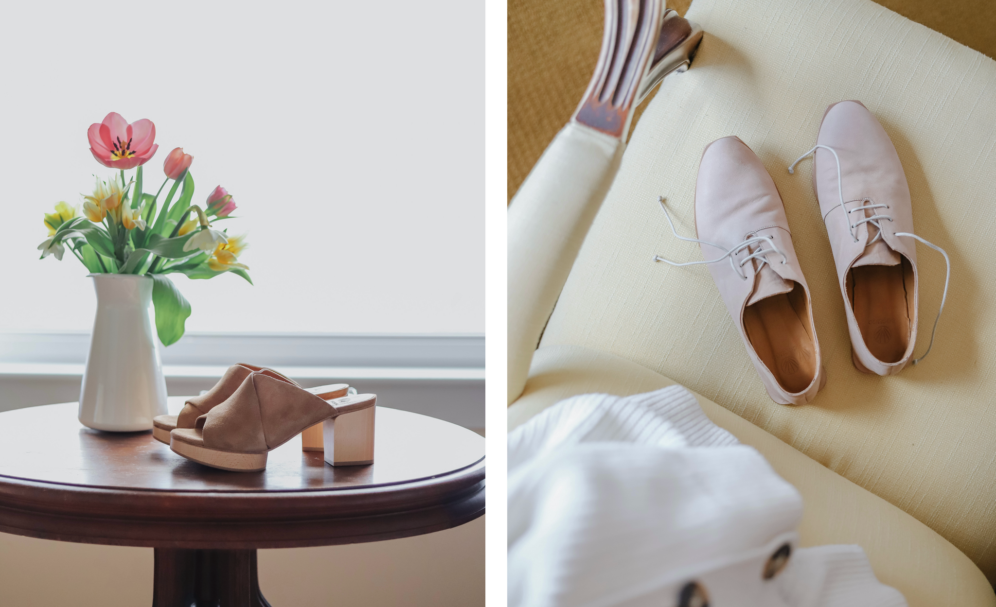 Two side-by-side images. (1) The Richie Clog placed on wooden side table with a lovely floral arrangement behind. (2) Top view of the Holmes Flat unlaced, posed on a chair.