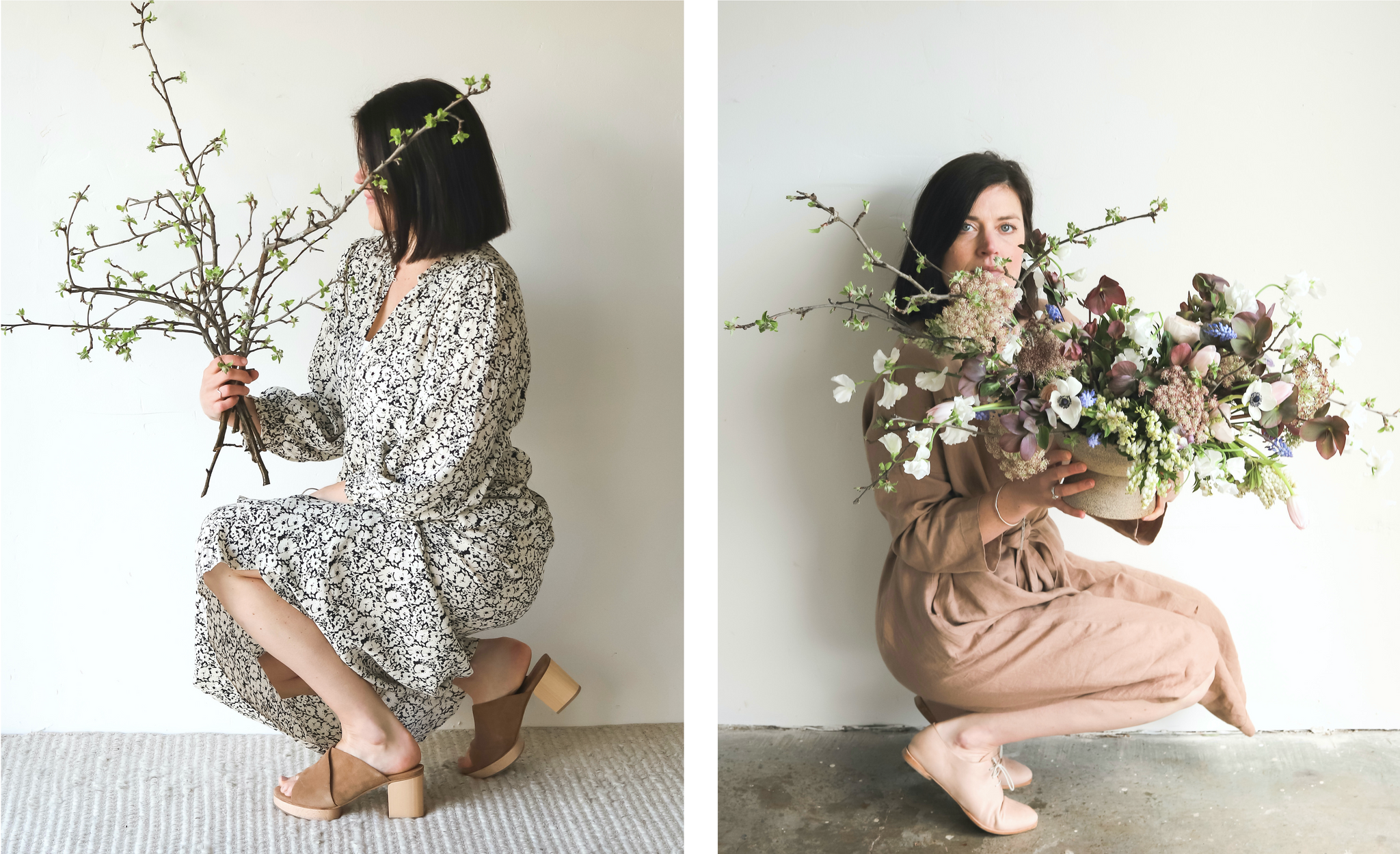 Side-by-side images. (1) Side view of Becky Wallace in the Richie Clog holding a floral arrangement. (2) Becky Wallace squating, presenting a flower arrangement in a vase.