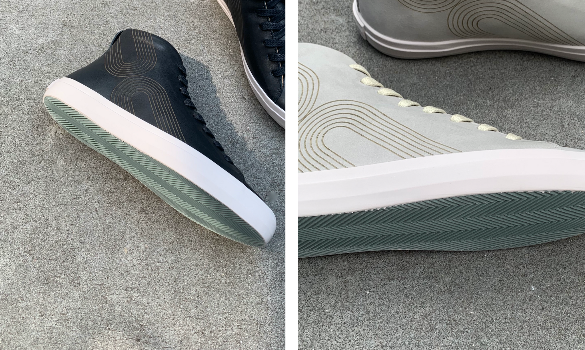 Side-by-side images. (1) The Oopsy High-top Sneaker in Deep Sea leather on concrete flooring. (2) Side view of the Coclico high-top in Perla nubuck.  