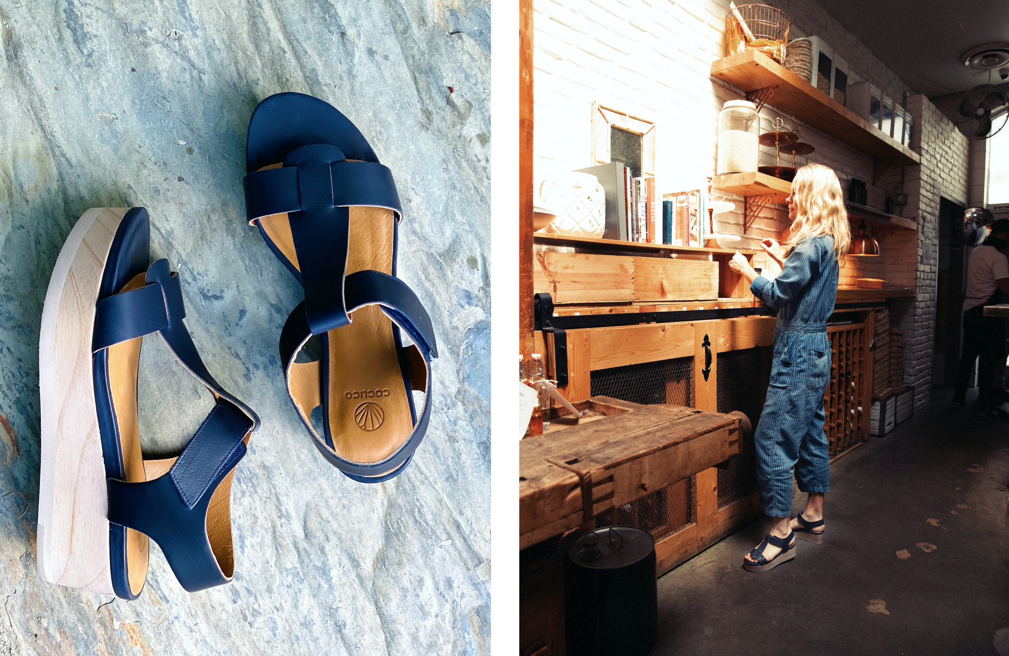 Two side-by-side images. (1) The Coclico Ally Clog in Blu Navy leather in close up. (2) Heather Tierney looking at books placed on a shelf wearing the Ally Clog. 