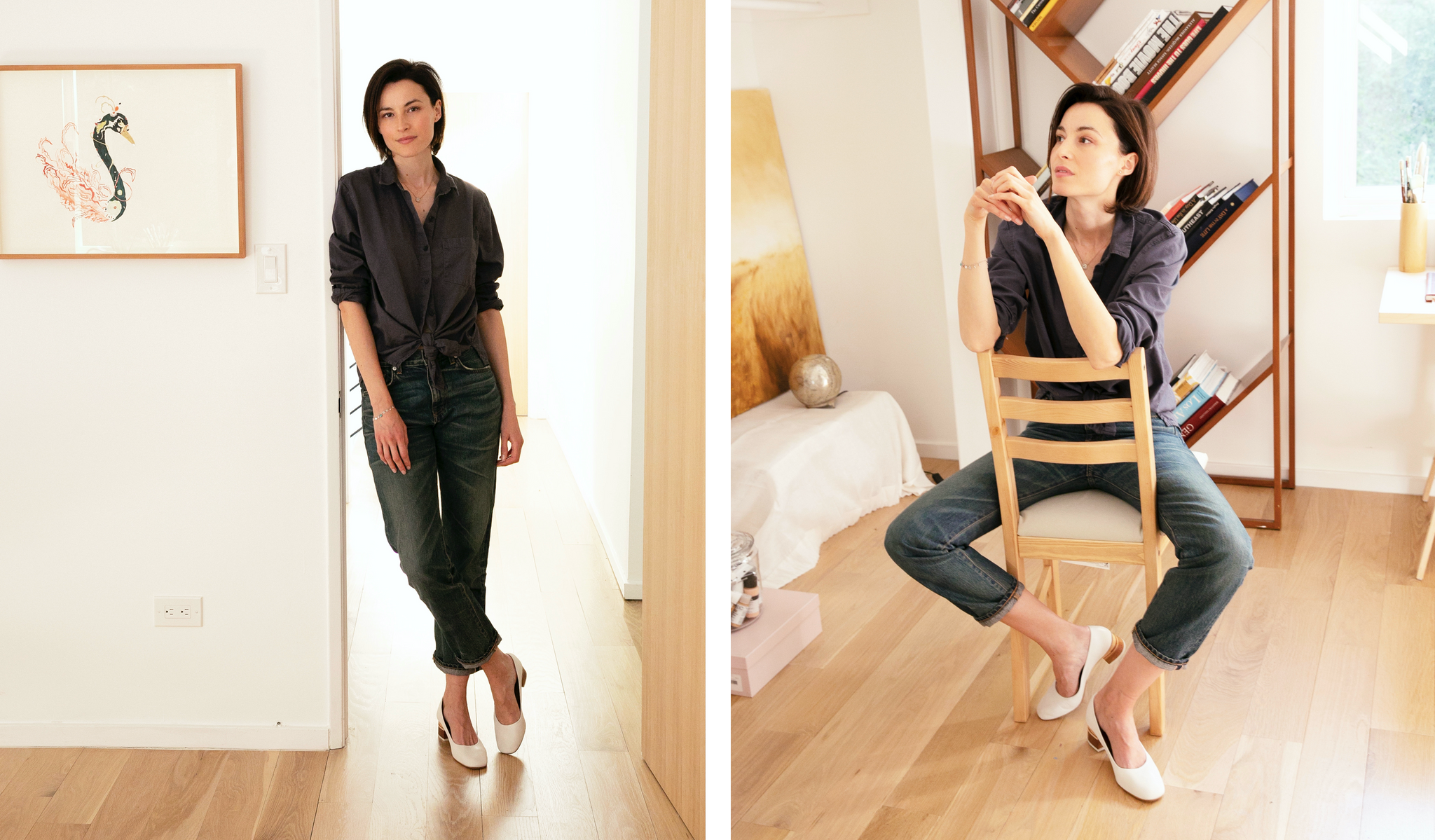 Two side-by-side images. (1) Loan Chabanol leaning on doorframe wearing the Eagle Pump in Polar leather. (2) Loan Chabanol seated backwards on a chair.   