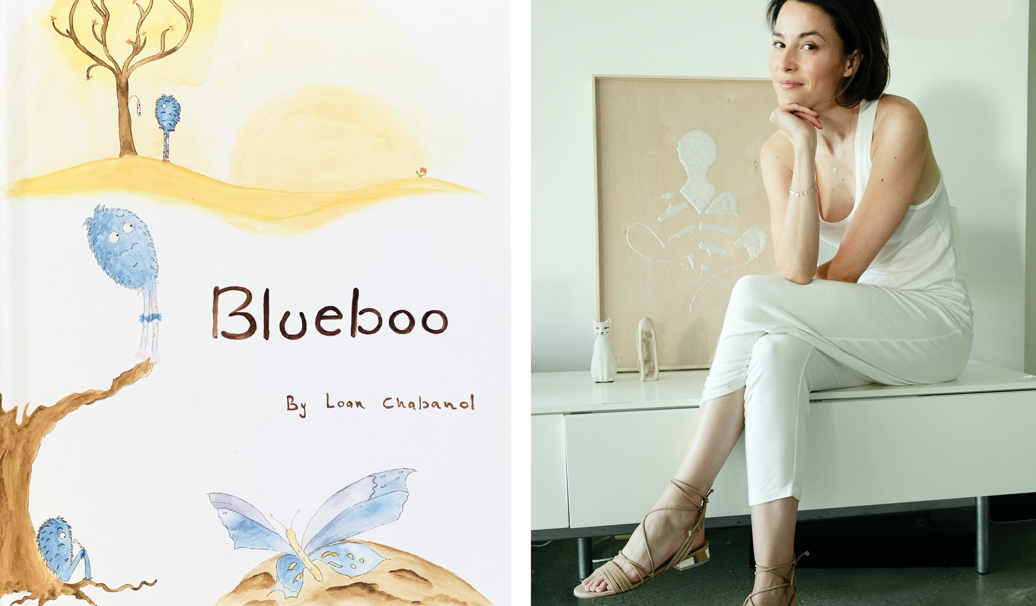 Two side-by-side images. (1) The cover of Loan's new chapter book, Blueboo. (2) Loan Chabanol sitting cross legged on a low white table. 