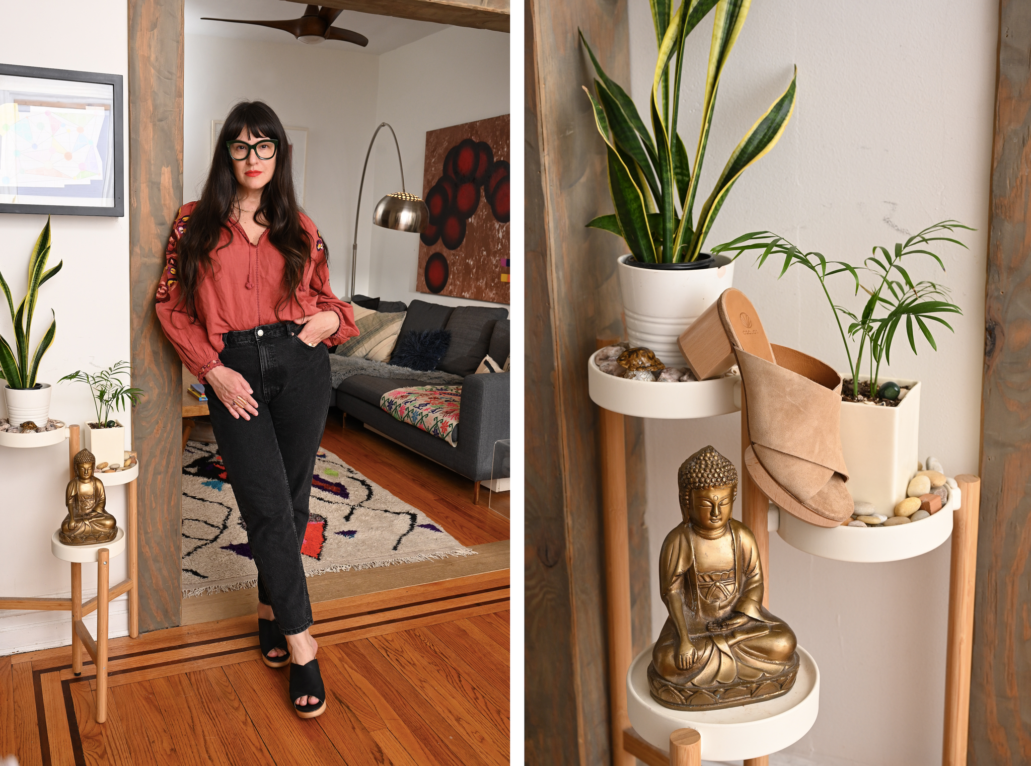 Two side-by-side images. (1) Shawnelle Prestidge leaning on doorframe with living room in background. (2) The Richie Clog in Tobacco suede placed on home decor. 