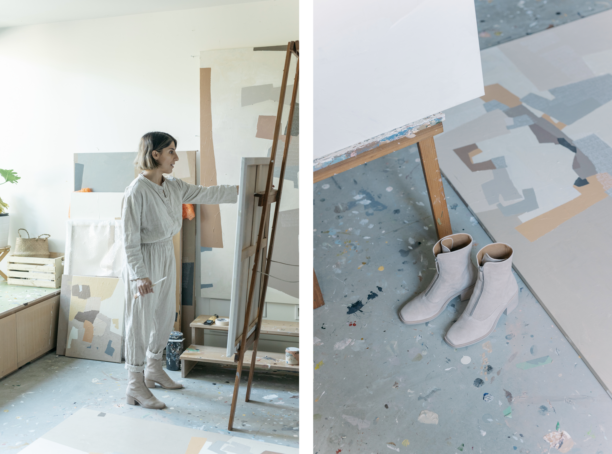 Two side-by-side images. (1) Rubeena Ratcliffe painting in her art studio. (2) Angle view of the Furin Boot in Latte in an art studio.