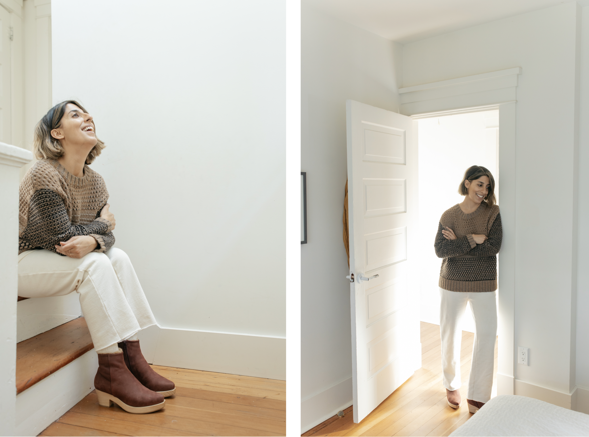 Two side-by-side images. (1) Rubeena Ratcliffe sitting on steps laughing, sporting the Keep Shearling Clogs.(2) Rubeena Ratcliffe leaning on doorframe with arms crossed. 