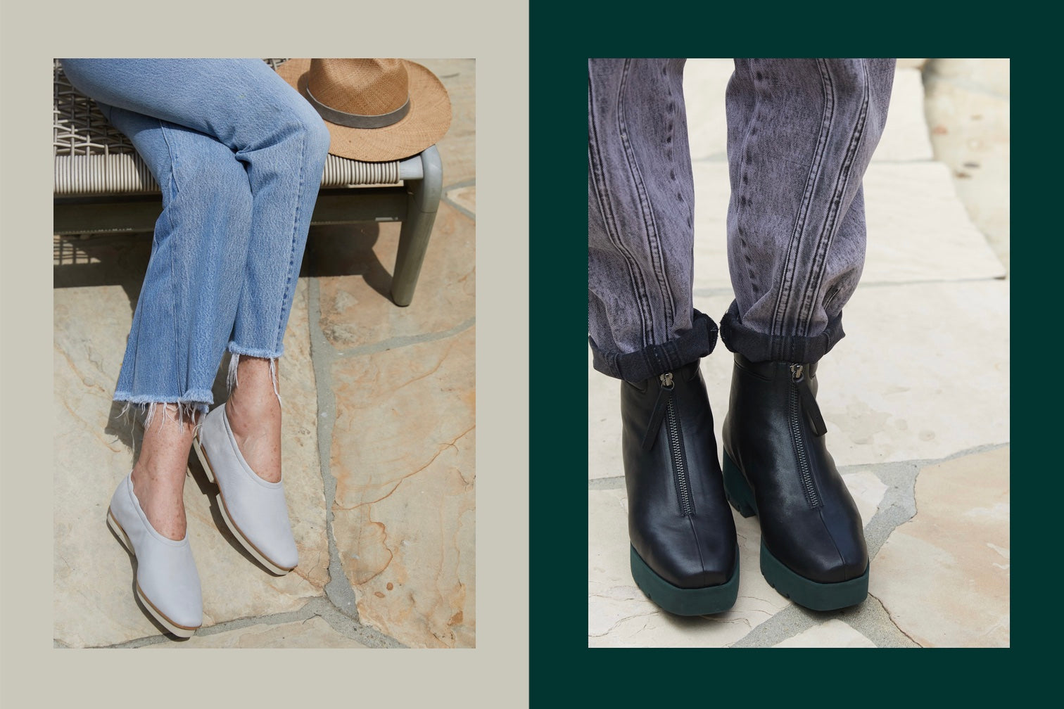 Two images side-by-side. (1) Waist down shot of Tracy Marsh Hoffman sporting the Alskling flat in perla. (2) Close up of Tracy Marsh Hoffman in her Chickadee boots. 