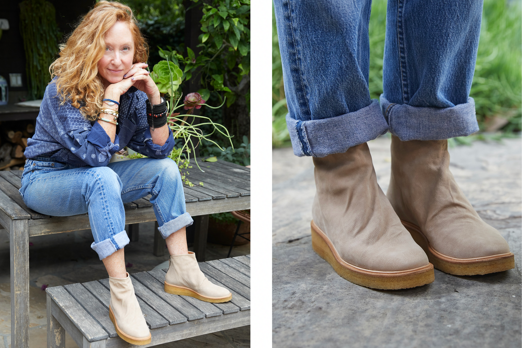Two images side-by-side. (1) Tracy Marsh Hoffman seated outdoors. (2) Close up of the Tracy Marsh Hoffman in the Hop Boot in Latte nubuck. 