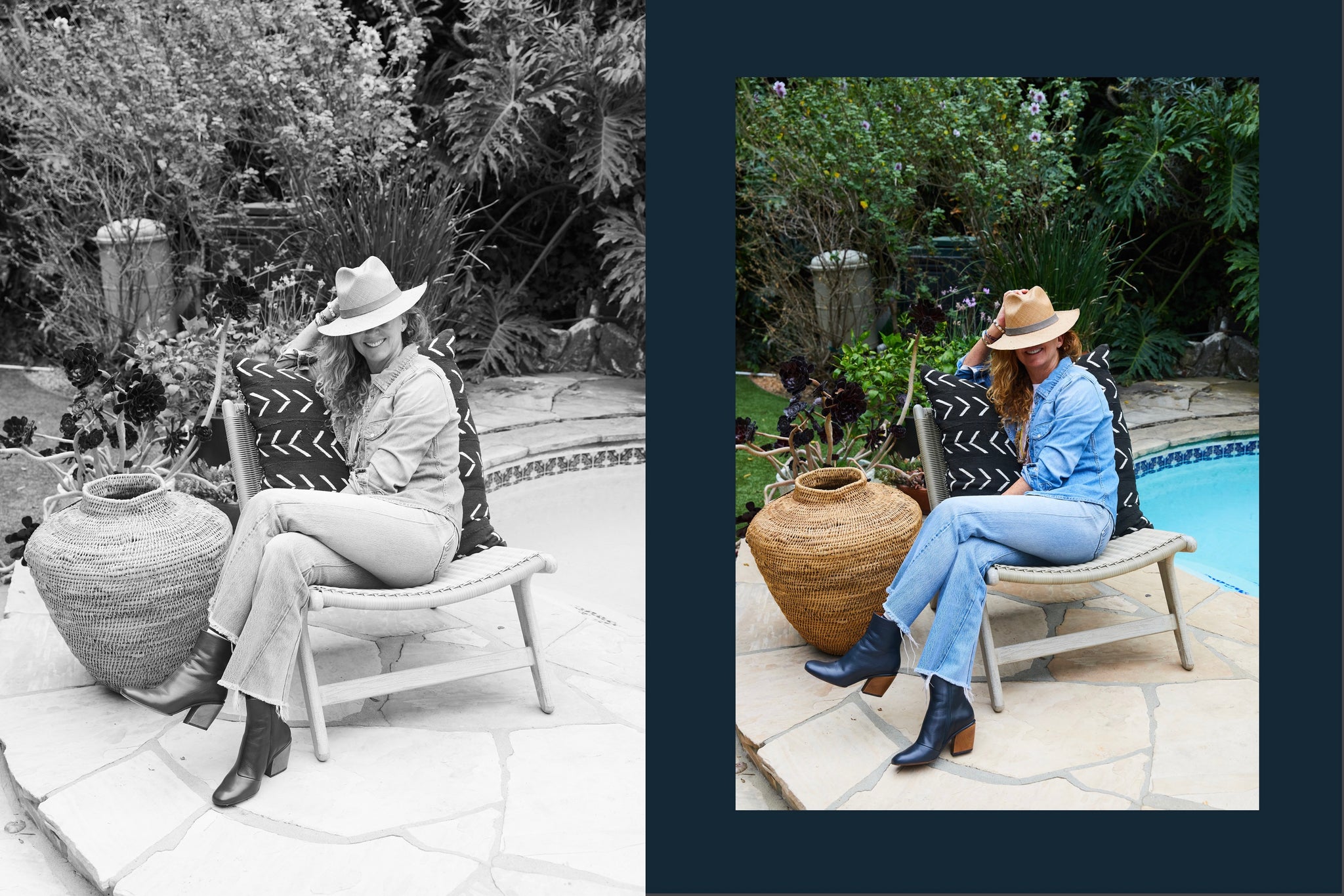 Two images side-by-side. (1) Black & white image of Tracy Marsh Hoffman seated cross legged by a pool. (2) Colored image of Tracy Marsh Hoffman sitting by a pool wearing a hat, exposing only her smile.  