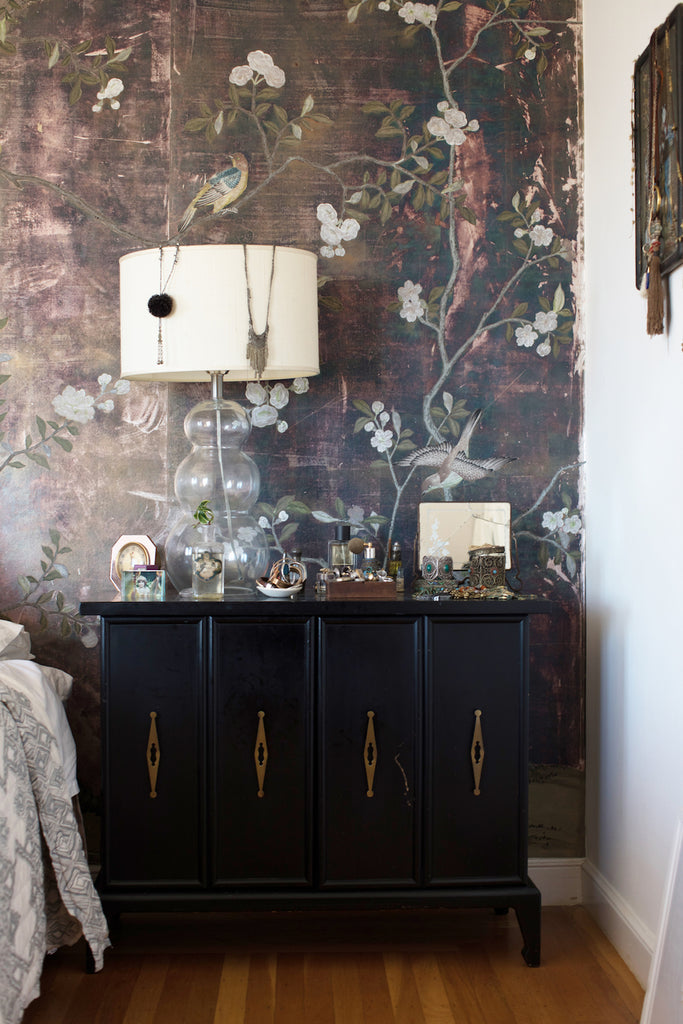 Image of a Erica Tanov's dresser exemplifying her refined hippie style. 