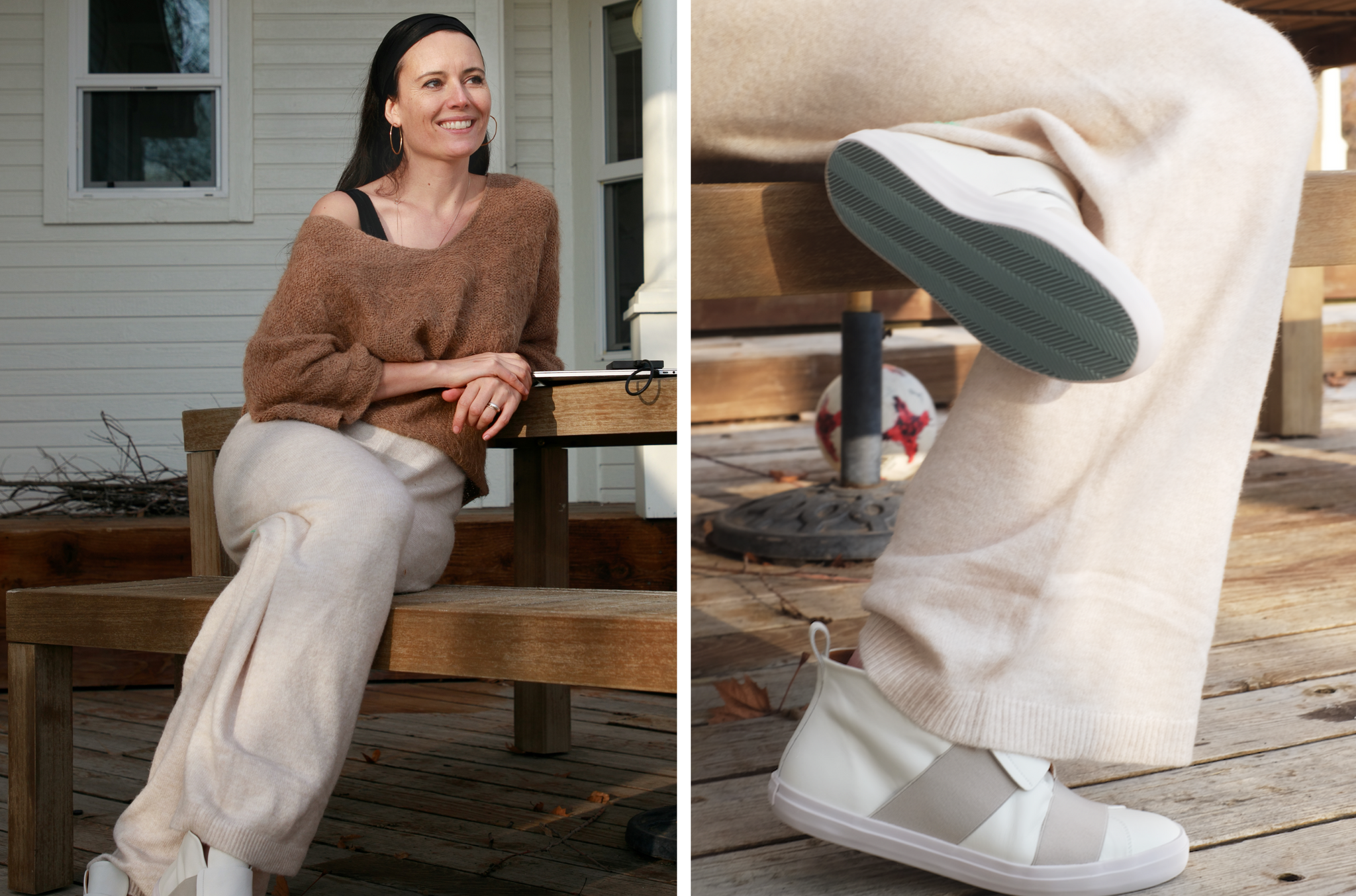 Two side-by-side images (1) Carolina Palmgren sitting on an outdoor bench in the Opa Sneaker. (2) Waist down shot of Carolina Palmgren with crossed legs seated outdoors.