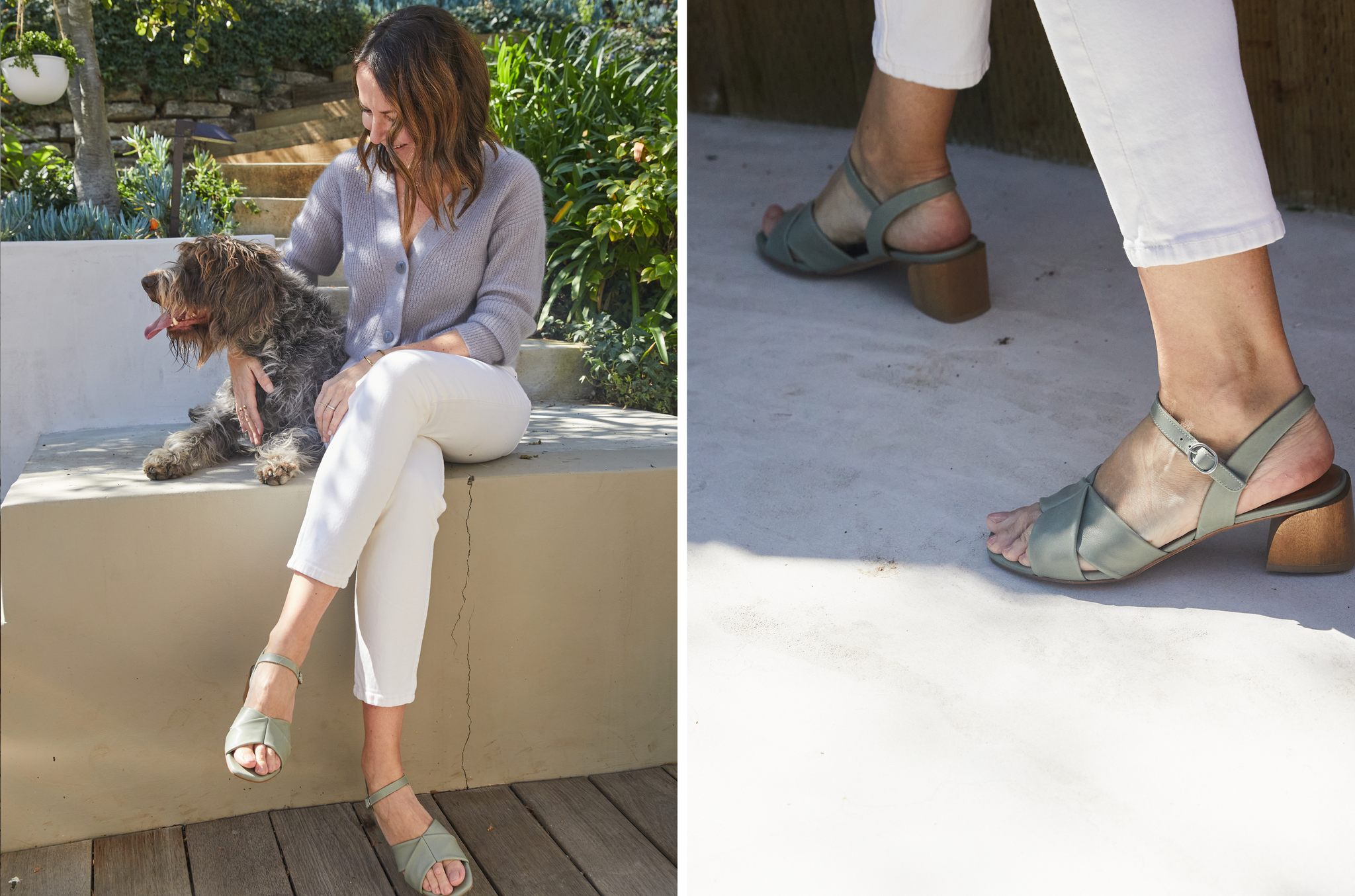 Two images side-by-side. Left: Mariapaz Fernandez is laughing while petting her dog. Right: Fernandez walks in Coclico sandals.