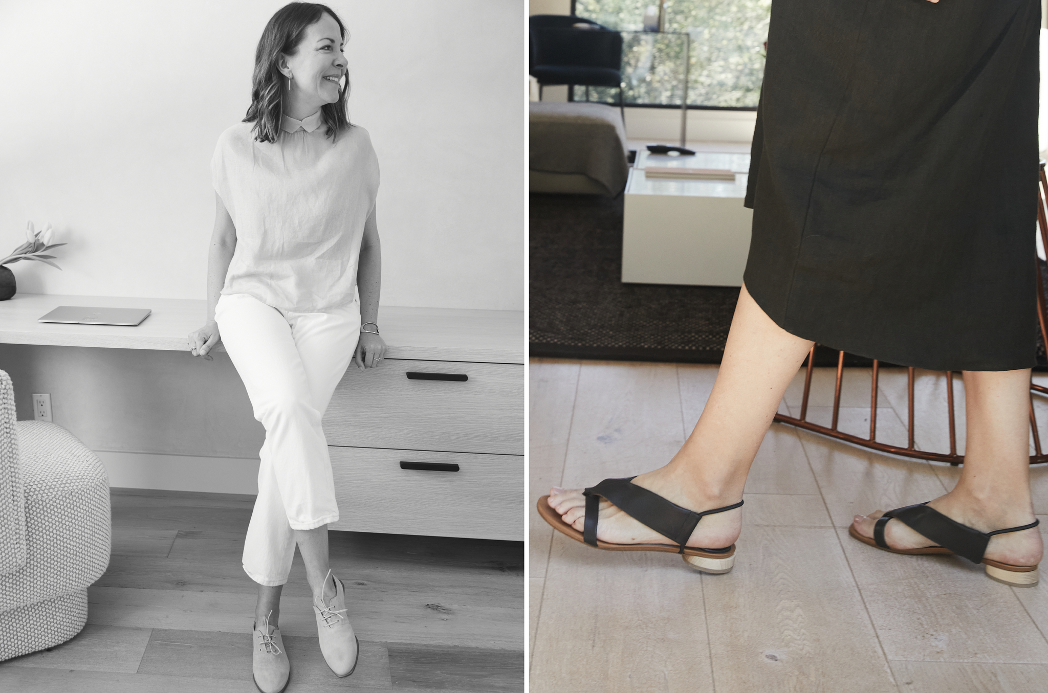 Two images side-by-side. Left: Mariapaz Fernandez leaning on a desk. Right: Fernandez walks in Coclico sandals.