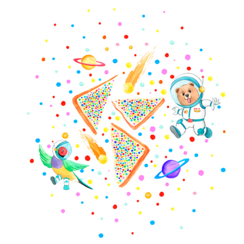 cartoon depiction of sprinkles and fairy bread and animals in a galaxy