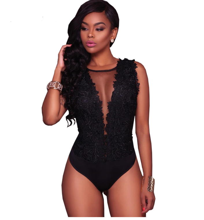 Women Deep V Sexy Lace Bodysuit Snap Crotch Linge