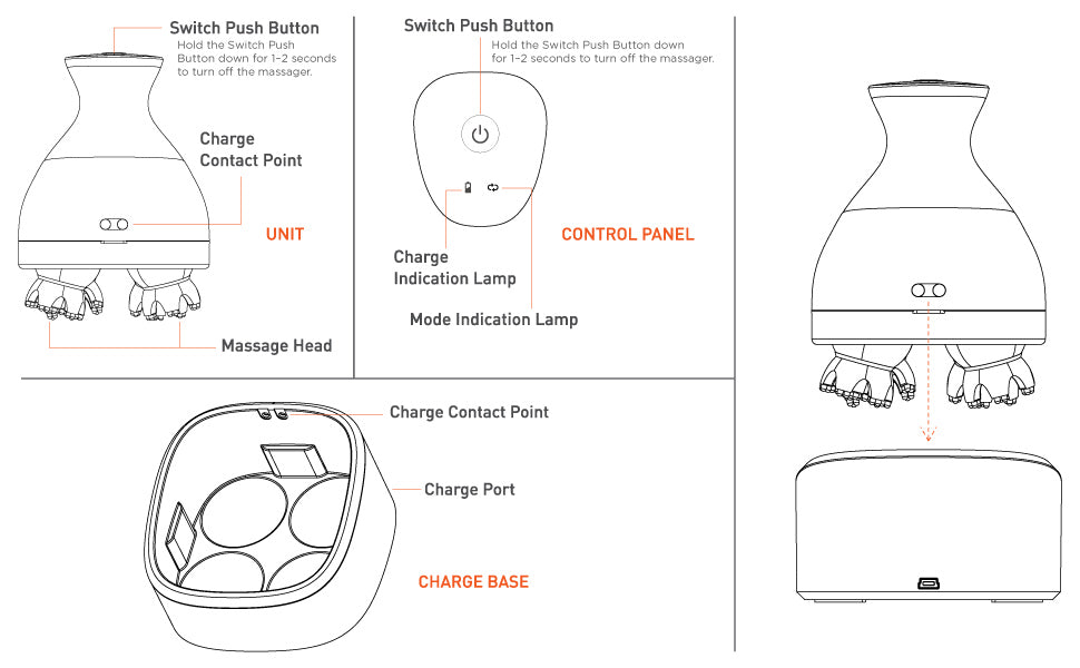 Sketch for head massager, buttons and features