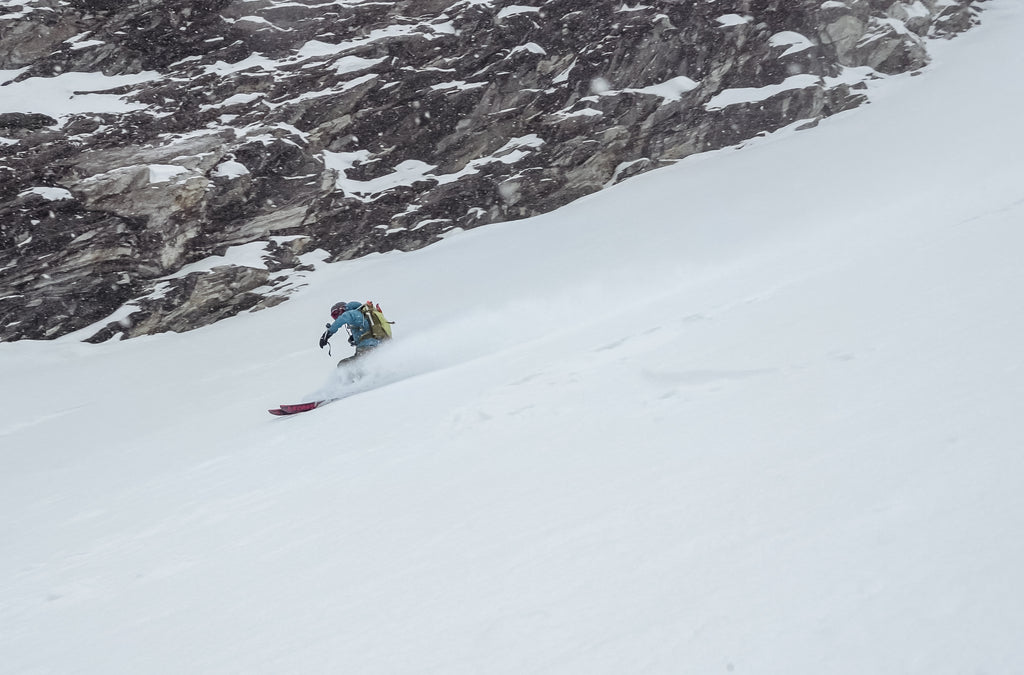 Backcountry skiing down Skillet Glacier