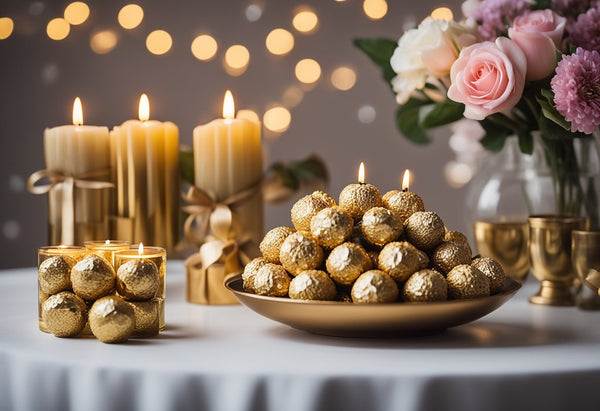A table adorned with scented candles, Ferrero Rocher chocolates, and a bouquet of fresh flowers, creating a delightful and luxurious gift display