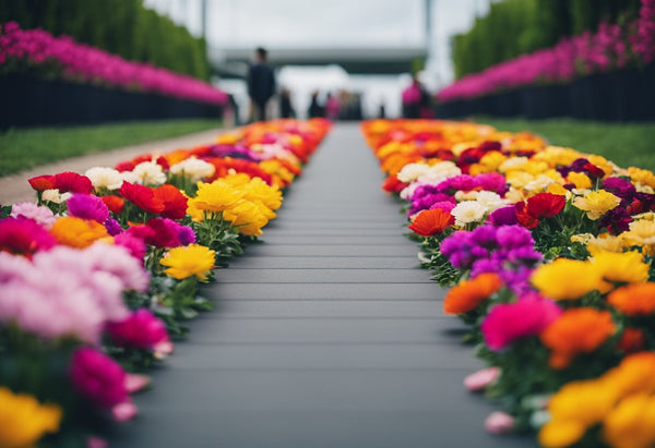 Vibrant flowers adorn a runway, reflecting the latest fashion trends. Bold colors and delicate petals create a stunning display