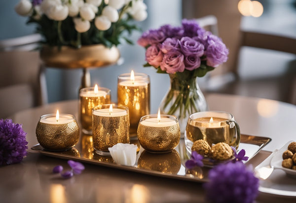 A table displays scented candles, Ferrero Rocher, and flowers. Gifts are arranged to delight