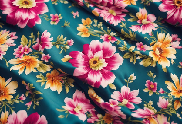 Vibrant floral patterns adorn fabric, intertwining with delicate textile designs in the bustling fashion industry