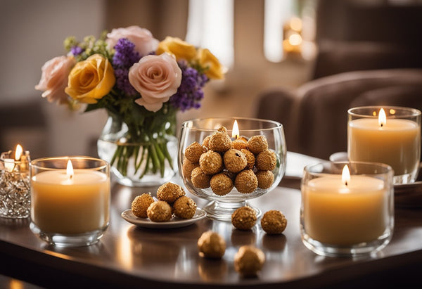 A table set with scented candles, Ferrero Rocher, and flowers. A warm, inviting atmosphere