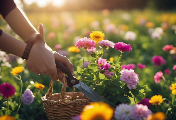 Sunlight filters through a field of colorful blooms. A hand-held pruner snips a vibrant flower from its stem. The flower is carefully placed in a basket with others, ready to be transformed into a beautiful bouquet