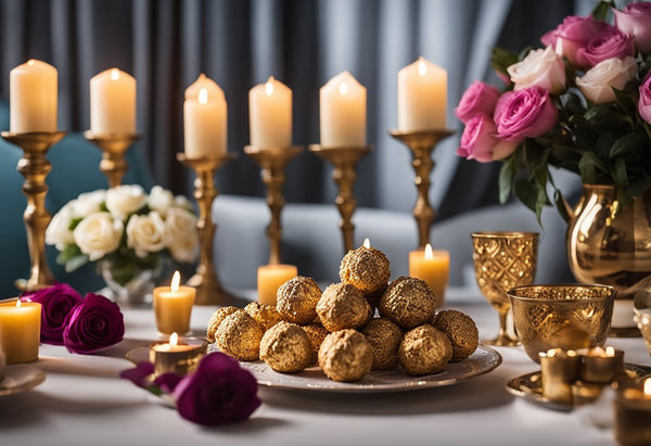 A table set with scented candles, Ferrero Rocher, and flowers. Luxurious and delightful gifts