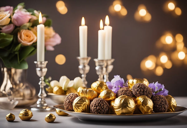 A table set with a variety of scented candles, Ferrero Rocher chocolates, and a beautiful bouquet of flowers arranged in an elegant and tasteful manner