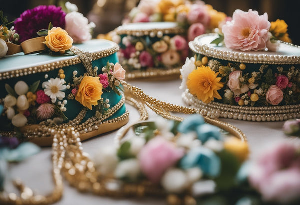 A table adorned with floral headpieces, beaded belts, and embroidered handbags, showcasing the integration of flowers in the fashion industry