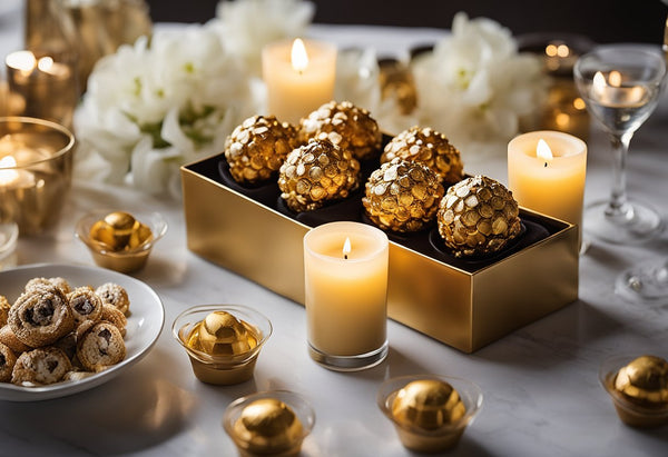 A table adorned with scented candles, Ferrero Rocher, and flowers, creating the ultimate gift package