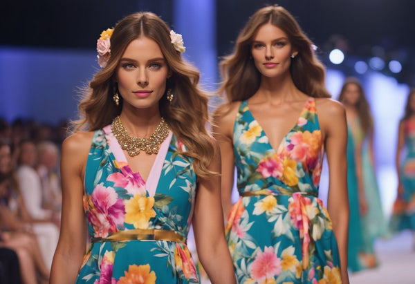 Models walk runway with vibrant flowers as accessories at fashion show. Floral patterns adorn clothing and accessories, creating a colorful and lively atmosphere