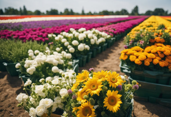 Colorful blooms grow in fields, are harvested, and sorted. They're packed, transported, and sold at a bustling flower market. Bouquets are arranged and wrapped for customers to purchase and enjoy