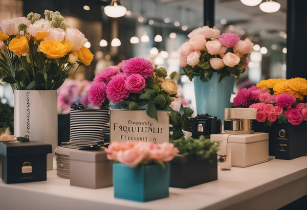 Colorful flowers arranged in a chic fashion display, surrounded by fashion accessories and garments. A sign reads "Frequently Asked Questions Flowers in Fashion Industry."