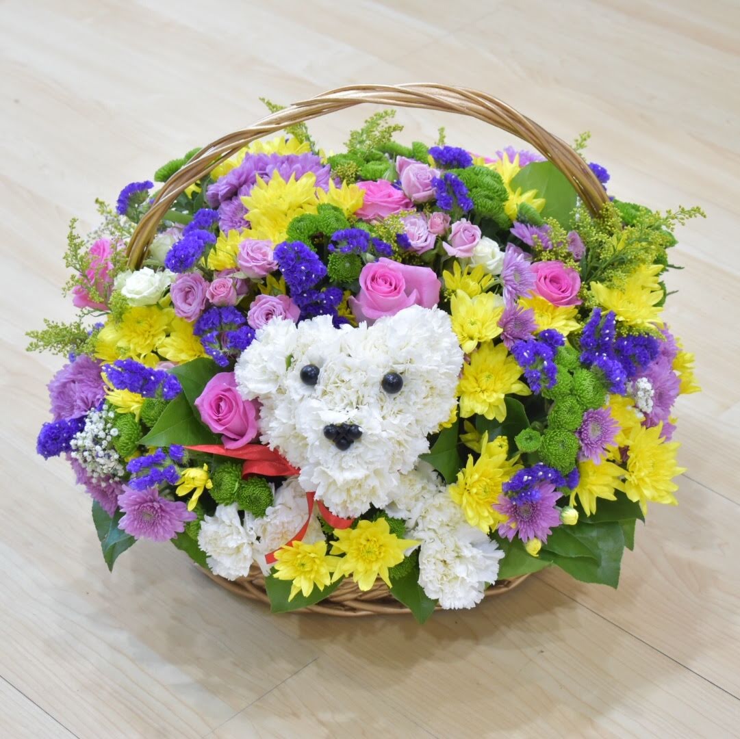flower basket puppy arrangement