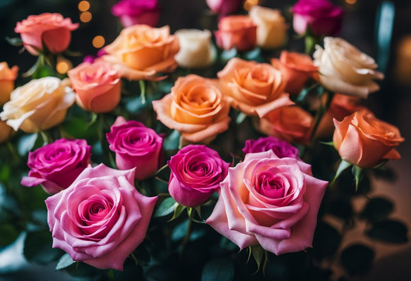 Vibrant roses arranged in a well-lit display, surrounded by fresh water and trimmed stems. A sign reads "Proper Display and Maintenance extends life of roses."