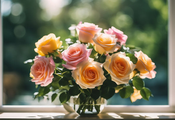 Vibrant roses in a vase, surrounded by water and plant food, with sunlight streaming in through a nearby window