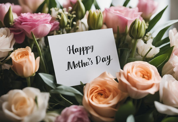 A bouquet of colorful flowers with a handwritten "Happy Mother's Day" card on a table