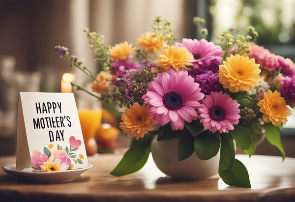 A bouquet of colorful flowers with a handwritten "Happy Mother's Day" card on a table