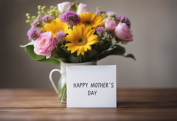 A bouquet of bright flowers and a handwritten card with "Happy Mother's Day" sit on a modern, clean table