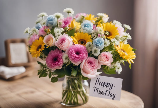 A colorful bouquet of flowers with a handwritten card that reads "Happy Mother's Day" surrounded by hearts and stars