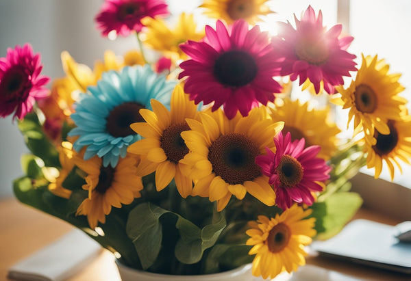 A colorful bouquet of flowers, a handwritten card, and a smiling sun in the background, symbolizing warmth and love