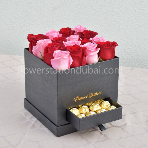 roses in box with ferrero rocher