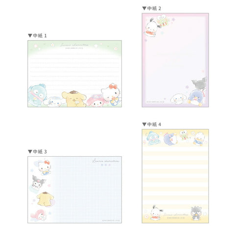 A6 notepad featuring Sanrio characters including Hello Kitty, Cinnamoroll, Keroppi, Kuromi, My Melody, Pompompurin, Pochacco, Badtz-Maru, Tuxedo Sam, Pekkle and Hangyodon!