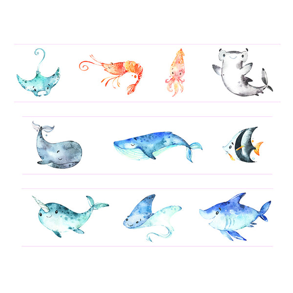 Sea Creatures like whale, narwhal, shark, coral reef fish, squid, stingray and shrimp