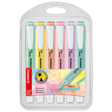 These flat, pocket-sized highlighters feature a glossy and striped look and a non-slip, matte-finish grip zone. The fluorescent, water-based ink is ideal for paper, copies and faxes. The 6-color pastel colors wallet set includes yellow, blue, green, turquoise, orange and pink. The 8-color wallet set includes yellow, blue, green, red, turquoise, orange, lavender and pink.