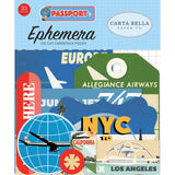 Carta Bella Collection Passport Ephemera- 33 die cut cardstock pieces include frames, tags, pennant flags, globes, planes, captions of London, Europe By Rail, Ready Set Go, Italy, and more. Largest measures approximately 4.5"x 3".